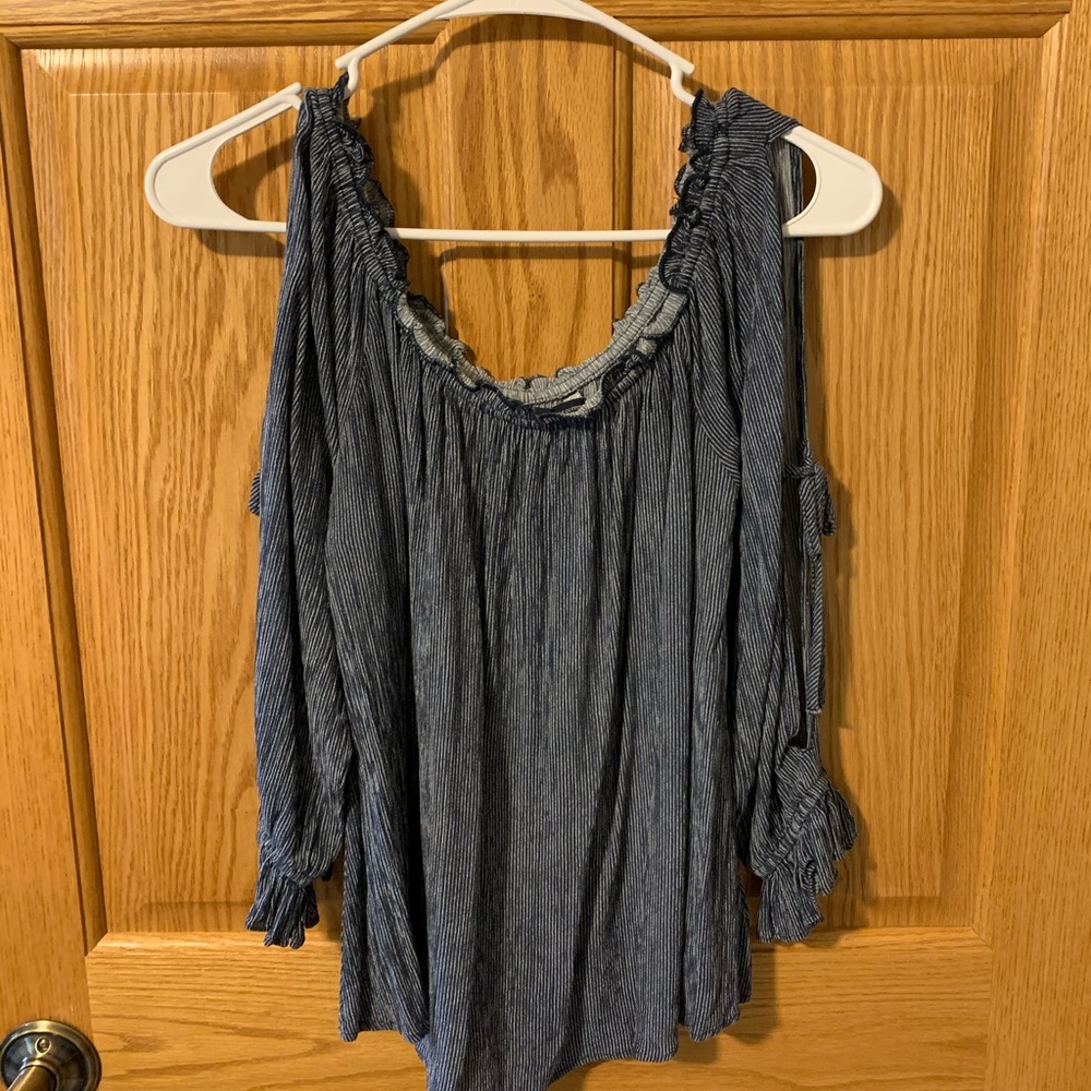 Navy and white striped off the shoulder blouse